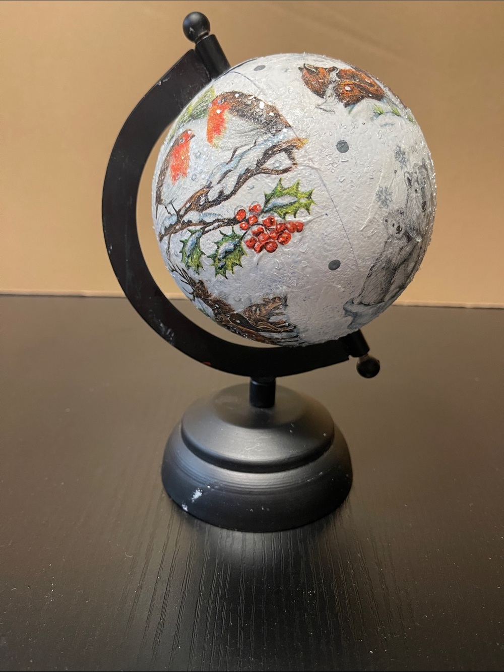 Hand-Painted White Winter Bird Globe Décor on Black Stand